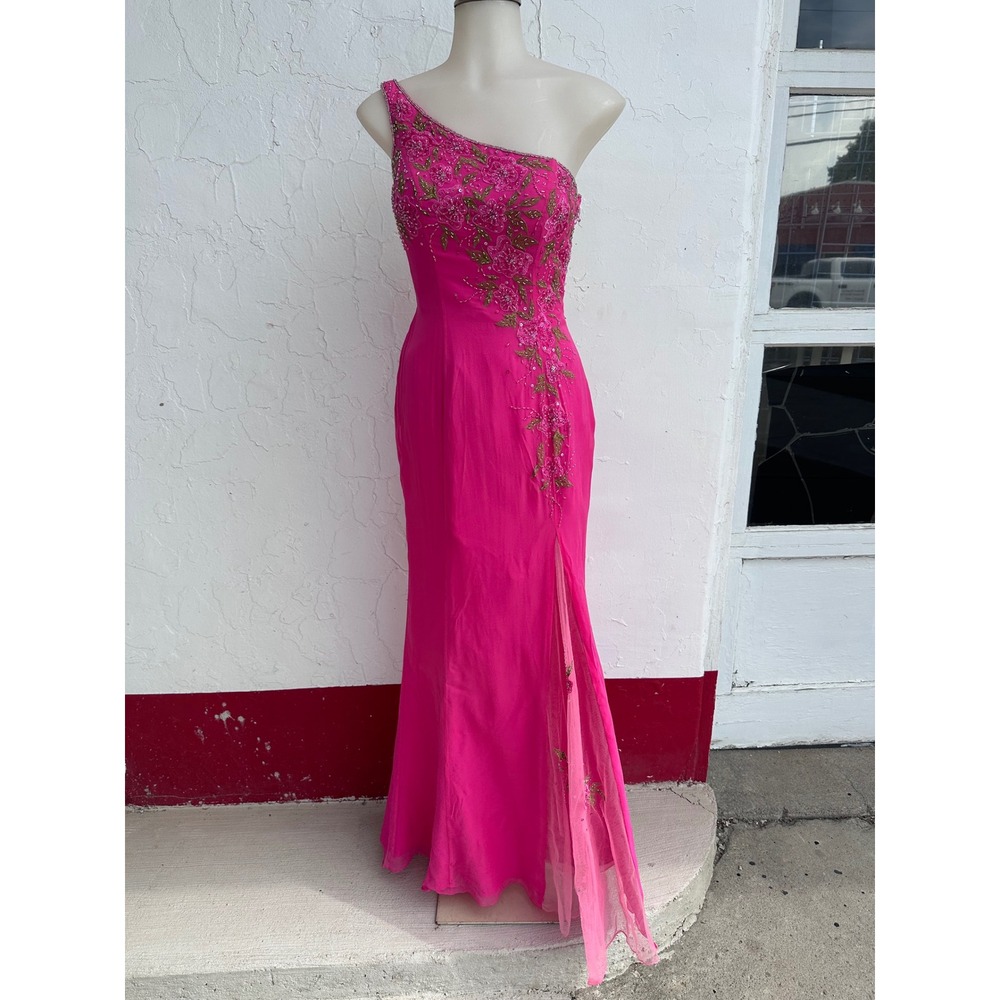 Alyce Designs Hot Pink Silk Beaded One Shoulder Y2K Prom Gown Dress Size 2